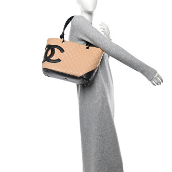 CHANEL Calfskin Quilted Large Cambon Tote Beige Black