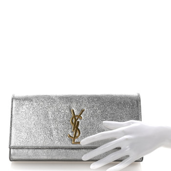 SAINT LAURENT Textured Metallic Calfskin Classic Monogram Cassandre Clutch Silver