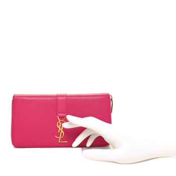SAINT LAURENT Calfskin Monogram Zip Around Wallet Fuchsia