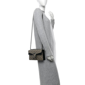GUCCI GG Supreme Monogram Suede Crystal Small Dionysus Shoulder Bag Beige Ebony Black