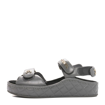 CHANEL Shiny Calfskin Logo Platform Sandals 38 Grey
