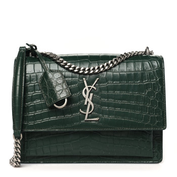 SAINT LAURENT Calfskin Crocodile Embossed Medium Monogram Sunset Dark Green