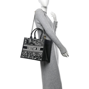 CHRISTIAN DIOR Calfskin Canvas Medium Plan De Paris Book Tote With Strap Black White