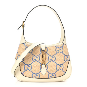GUCCI Raffia Textured Dollar Calfskin GG Monogram Small Jackie 1961 Hobo Natural Mystic White Blue