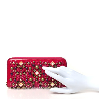 CHRISTIAN LOUBOUTIN Patent Panettone Spiked Zip Around Wallet Ultra Rose