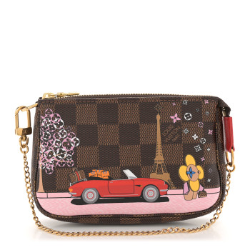 LOUIS VUITTON Damier Ebene 2019 Christmas Animation Mini Pochette Accessories Red