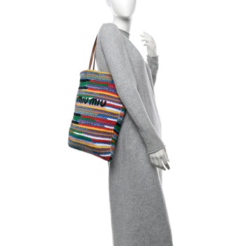 MIU MIU Fabric Crochet Stripe Tote Bag Multicolor