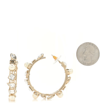CHANEL Glass Pearl Strass Snowfall Hoop Earrings Gold