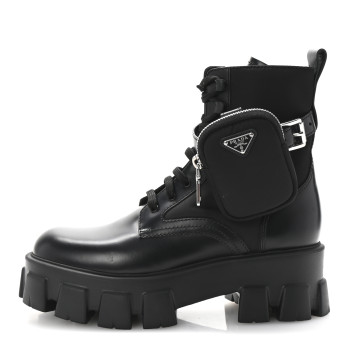 PRADA Spazzolato Rois Re-Nylon Metal Triangle Logo Monolith Pouch Pocket 55mm Boots 38.5  Black
