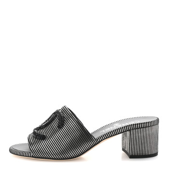 CHANEL Calfskin Striped Beaded CC Mule Sandals 37.5 Black