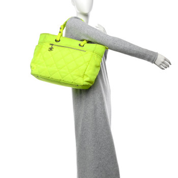 CHANEL Coated Canvas Quilted Large Paris Biarritz Tote Neon Yellow
