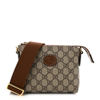 GUCCI GG Supreme Monogram Azalea Calfskin Small Retro Interlocking G Wristlet Messenger Bag Beige Ebony Brown Sugar
