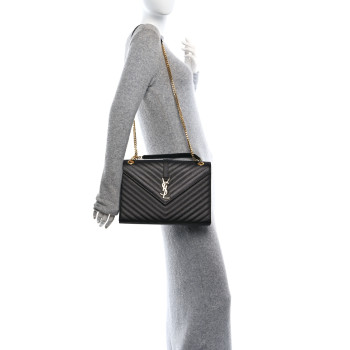 SAINT LAURENT Grain De Poudre Matelasse Chevron Large Monogram Satchel Black