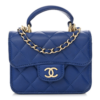 CHANEL Lambskin Quilted Top Handle Flap Coin Purse With Chain Blue
