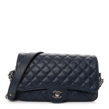 CHANEL Crumpled Calfskin Quilted Medium Casual Rock Flap Navy