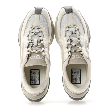 GUCCI Technical Knit Fabric Suede Calfskin Womens Gucci Run Sneakers 38.5 Off White Grey