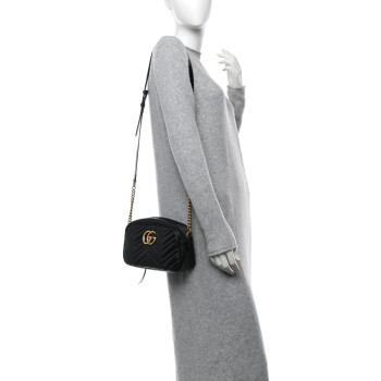 GUCCI Calfskin Matelasse Small GG Marmont Chain Shoulder Bag Black