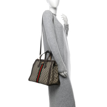 GUCCI GG Supreme Monogram Web Medium Ophidia Tote Bag Brown