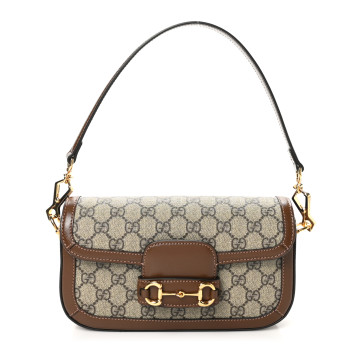 GUCCI GG Supreme Monogram Small Horsebit 1955 Chain Shoulder Bag Beige Ebony Brown Sugar