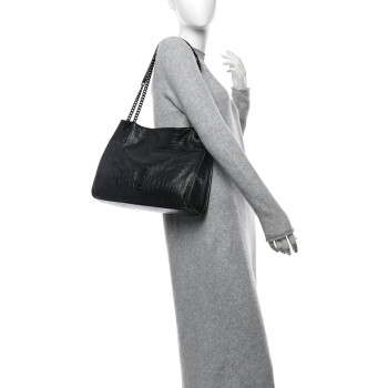 SAINT LAURENT Calfskin Crocodile Embossed Monogram Medium Niki Shopping Bag Black
