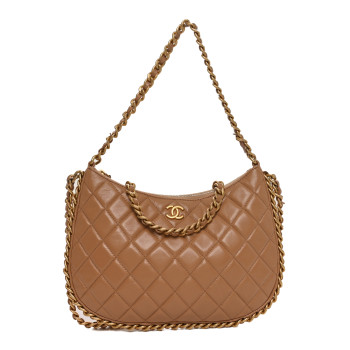 CHANEL Shiny Crumpled Lambskin Quilted Large Trendy Chain Around Hobo Dark Beige