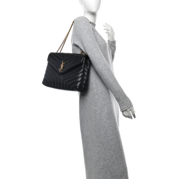 SAINT LAURENT Calfskin Y Quilted Monogram Medium Loulou Chain Satchel Black