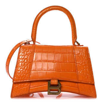 BALENCIAGA Shiny Calfskin Crocodile Embossed Small Hourglass Top Handle Bag Orange