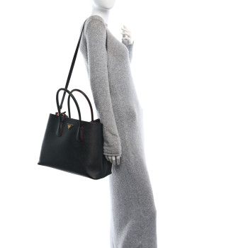 PRADA Saffiano Cuir Large Double Bag Black Fuoco