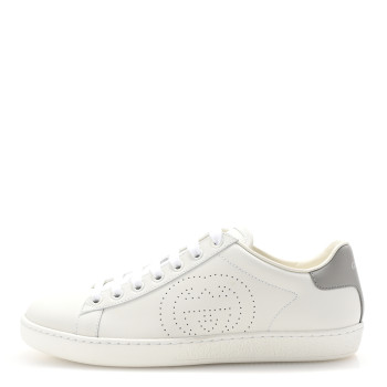 GUCCI Calfskin Interlocking G Perforated Womens Ace Sneakers 37.5 White Grey Sky