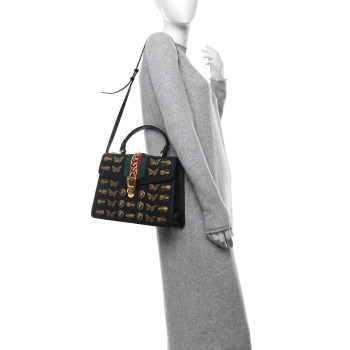 GUCCI Calfskin Animal Studs Medium Sylvie Top Handle Bag Black
