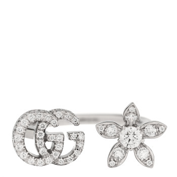 GUCCI 18K White Gold Diamond Flora GG Open Ring 56 7.5
