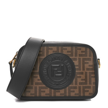 FENDI Glazed Fabric Vitello Century F is Fendi FF 1974 Stamp Patch Camera Case Mogano Panna Black