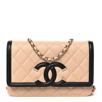 CHANEL Caviar Quilted CC Filigree Wallet On Chain WOC Beige Black