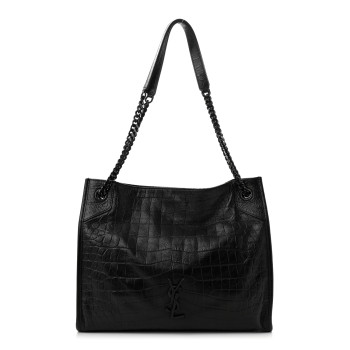 SAINT LAURENT Calfskin Crocodile Embossed Monogram Medium Niki Shopping Bag Black