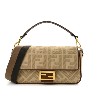 FENDI Canvas Vitello King FF Embroidered Baguette Sand Ghianda
