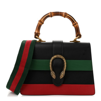 GUCCI Moon Calfskin Web Medium Dionysus Bamboo Top Handle Bag Black Bright Evergreen Hibiscus Red