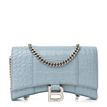 BALENCIAGA Shiny Calfskin Crocodile Embossed Hourglass Chain Bag Blue Grey