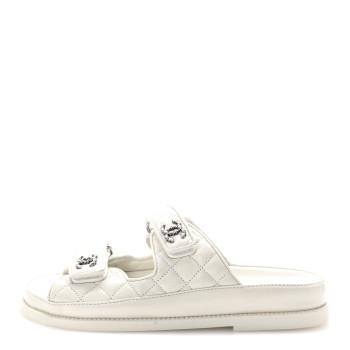 CHANEL Lambskin Quilted Velcro Dad Chain CC Slide Sandals 37.5 White
