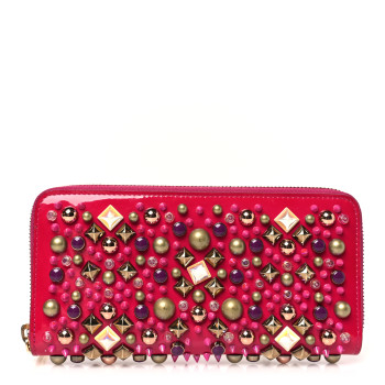 CHRISTIAN LOUBOUTIN Patent Panettone Spiked Zip Around Wallet Ultra Rose