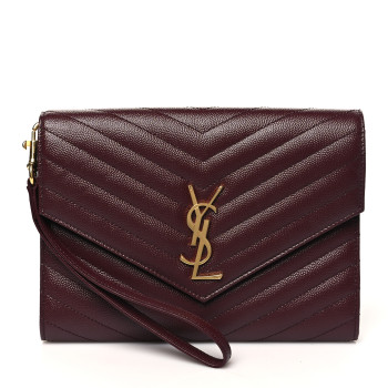 SAINT LAURENT Grain De Poudre Matelasse Chevron Monogram Envelope Clutch Rouge Legion