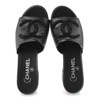 CHANEL Calfskin Striped Beaded CC Mule Sandals 37.5 Black