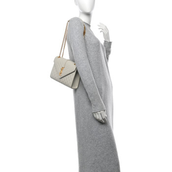 SAINT LAURENT Grain De Poudre Textured Mixed Matelasse Medium Triquilt Monogram Satchel Crema Soft