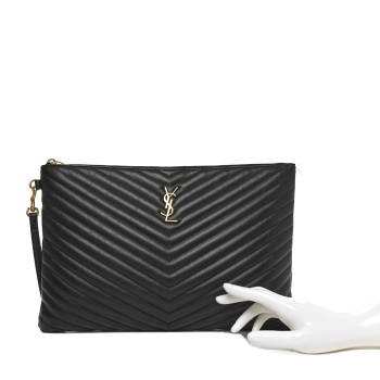 SAINT LAURENT Calfskin Matelasse Chevron Monogram Document Holder Black