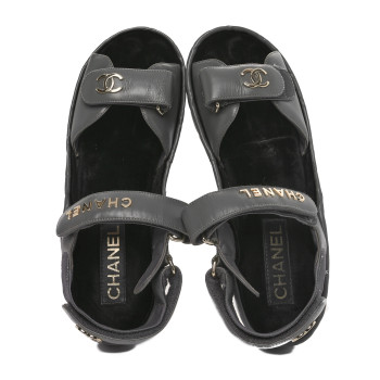 CHANEL Shiny Calfskin Logo Platform Sandals 38 Grey