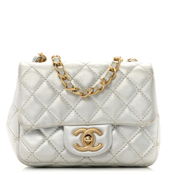 CHANEL Metallic Lambskin Quilted Mini Square Flap Silver