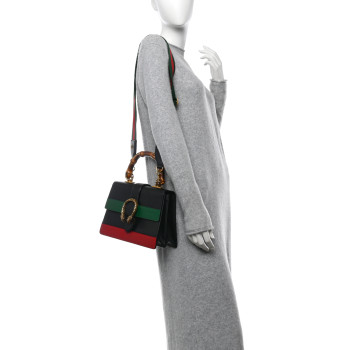 GUCCI Moon Calfskin Web Medium Dionysus Bamboo Top Handle Bag Black Bright Evergreen Hibiscus Red