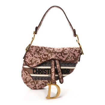 CHRISTIAN DIOR Canvas Embroidered Brocart Saddle Bag Metallic Pink
