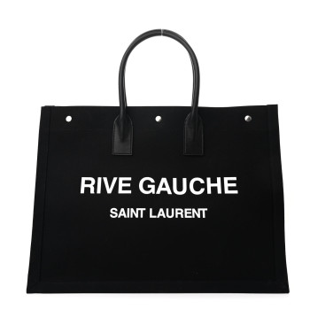 SAINT LAURENT Linen Calfskin Rive Gauche Tote Black