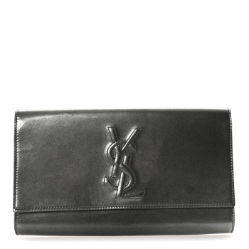 SAINT LAURENT Textured Patent Monogram Large Belle De Jour Clutch Grey