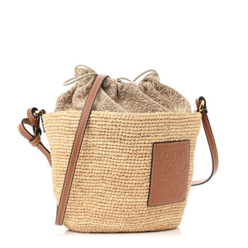 LOEWE Calfskin Raffia Anagram Paulas Ibiza Pochette Bag Natural Tan